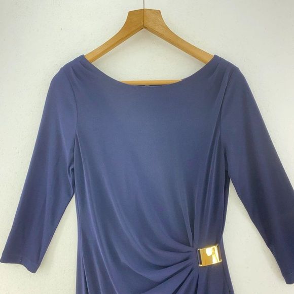 TAHARI Navy Blue 3/4 Sleeve Boat Neck Faux Wrap Dress - Picture 2 of 5